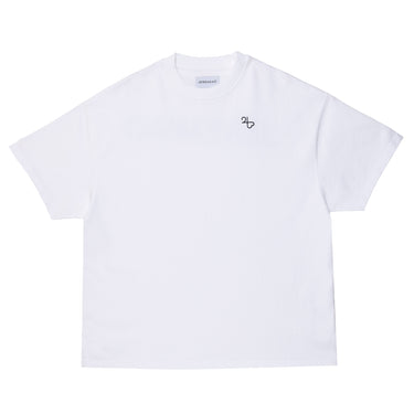 White t-shirt with a small logo on a white background