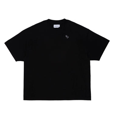 Black t-shirt with a small logo on a white background