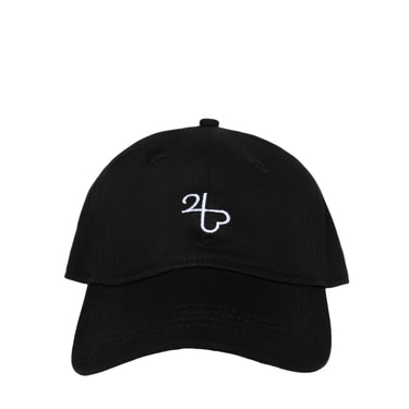 Black cap with a white logo on a white background