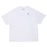 White t-shirt with a small logo on a white background